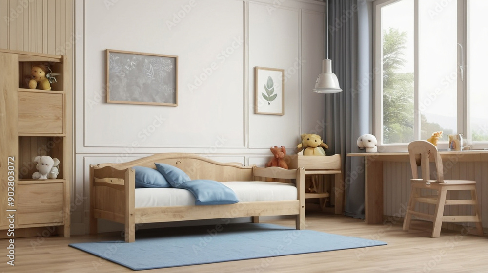 Fototapeta premium A charming children's bedroom featuring wooden furniture, soft lighting, and natural light. Ideal for home decor inspiration, interior design, and cozy bedroom ideas.