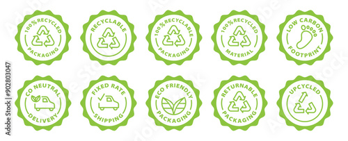 recycling recycled recyclable returnable packaging upcycled fixed rate shipping outline icon round rounded circle badge stamp label isolated on transparent background, green stamp set, icon set
