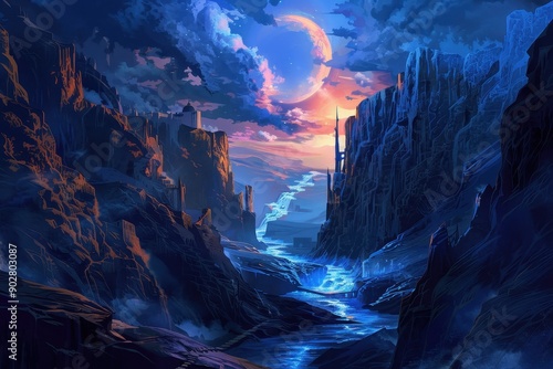 Mystical moonlit chasm with ethereal waterfalls and ancient ruins