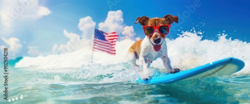 jack russell dog surfing on a wave , on ocean sea on summer vacation holidays, with cool sunglasses and usa independence day flag for the 4th of July