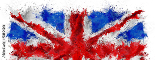 colorful flag of great britain with red blue color holi paint powder explosion isolated white background. United kingdom union jack  travel and tourism concept.