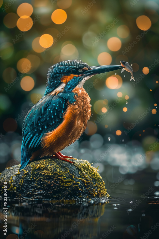 Fototapeta premium Kingfisher catches fish from the water in the forest river.