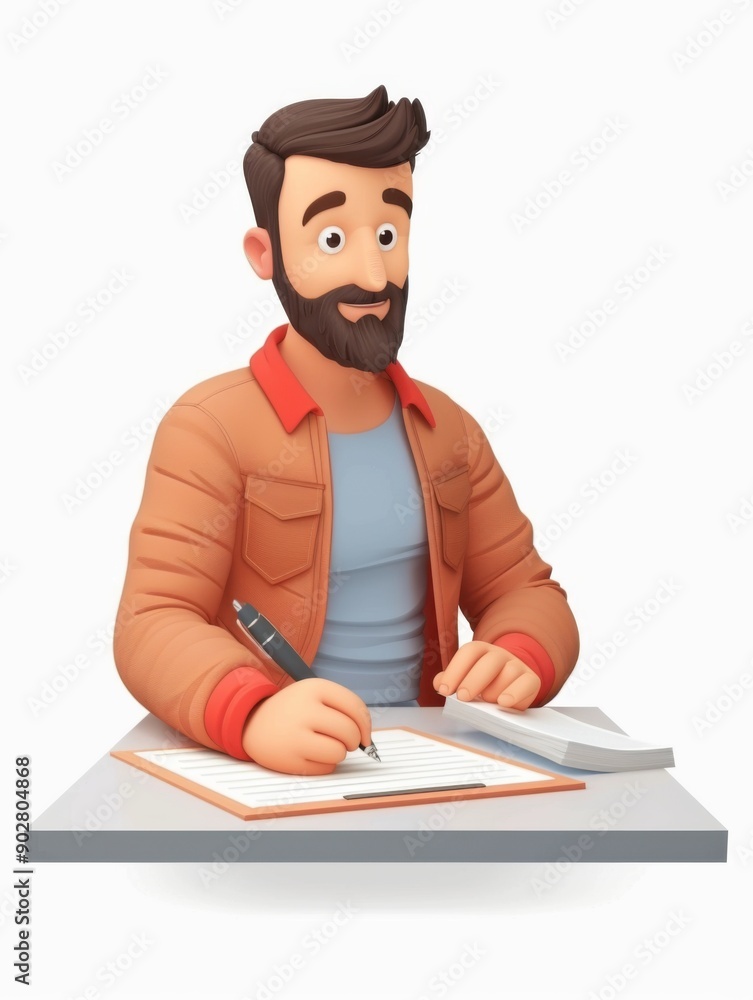 A cartoon man with a beard sitting at a desk, writing notes in a notebook. Creative and productive atmosphere.