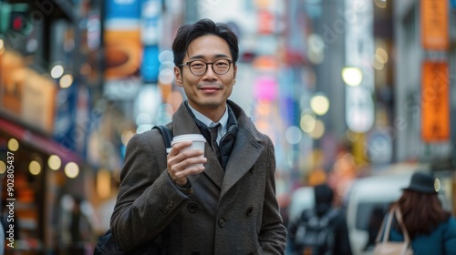 In a vibrant city center, an Asian businessman strides forward while making a phone call and holding a coffee cup. His expression is focused, and his attire is sharp, reflecting a modern