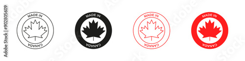 Made in Canada stamp vector badge. Red maple leaf icons.