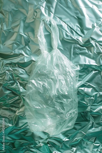 A plastic bag is hanging from a piece of shiny green fabric. Concept of emptiness and a lack of substance, as the plastic bag hangs lifelessly from the fabric photo