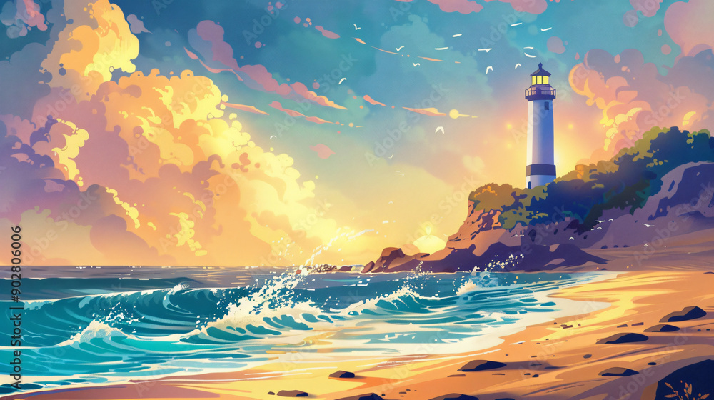 Sunset view of a rocky coastline with a tall lighthouse and ocean waves crashing on the beach Sunset view of a rocky coastline with a tall lighthouse and ocean waves crashing on the beach