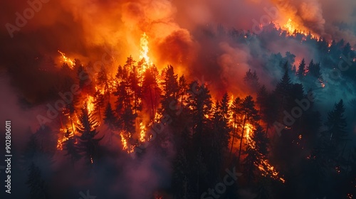 Aerial View of Forest Fire. Devastating natural disaster concept