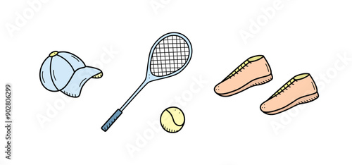 Tennis racket and tennis ball doodle style isolated on white. Vector illustration of sports equipment for playing tennis.