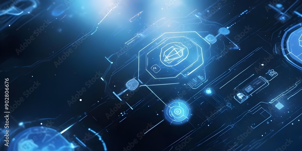 digital painting, A futuristic digital interface with various icons and symbols, including an AI logo, against a blurred blue background with geometric shapes and lines, suggesting advanced technology digital painting, A futuristic digital interface with various icons and symbols, including an AI logo, against a blurred blue background with geometric shapes and lines, suggesting advanced technology