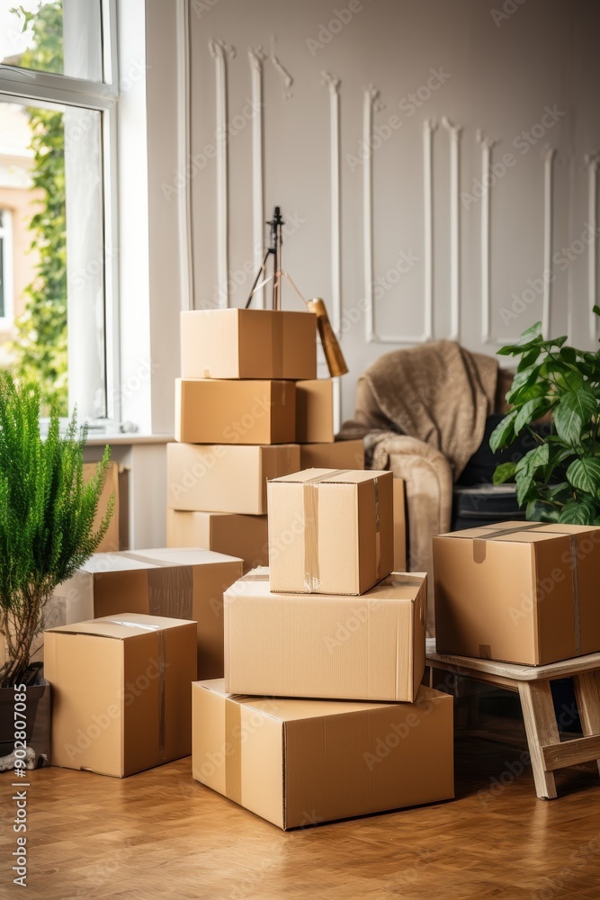 Fototapeta premium A room full of cardboard boxes and a potted plant