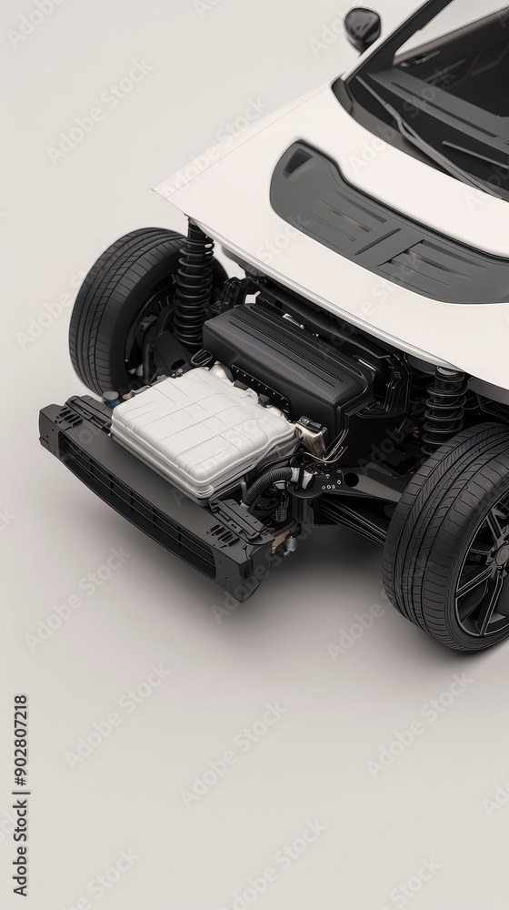 Electric car with open hood showing components, detailed engineering, Electric car with open hood showing components, detailed engineering,