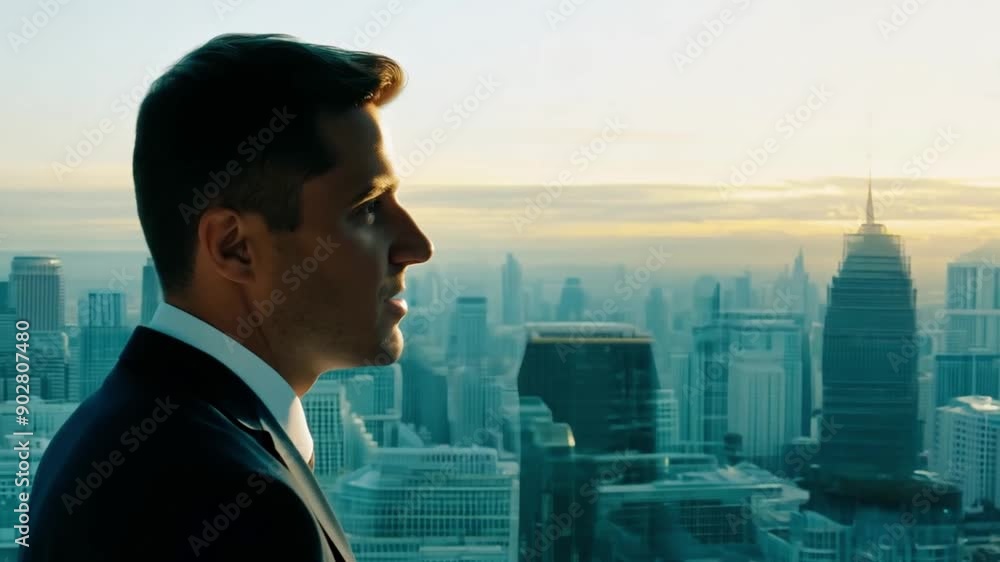 This businessman gazes at the sunset over a bustling city skyline. This businessman gazes at the sunset over a bustling city skyline.