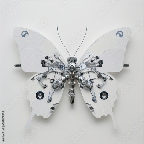 Technological Elegance: Aluminum Butterfly with Robotic Wing Flaps on White Canvas, Generative Ai photo