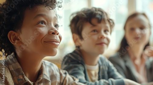Happy Multiracial Kids Learning in Classroom. Education, Childhood, Joyful Expression. Generative ai