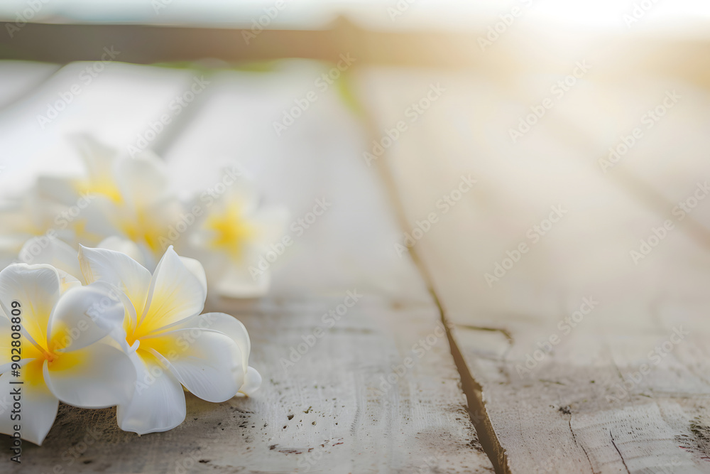 Wooden Table with Frangipani Flowers and Copy Space for Wellness Banner Wooden Table with Frangipani Flowers and Copy Space for Wellness Banner