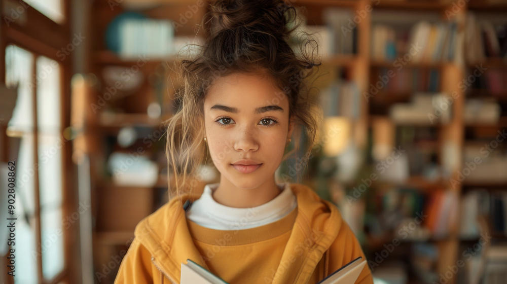 Youthful Girl Reading in Cozy Library, Learning, Education Concept, Home Schooling Environment. Generative ai Youthful Girl Reading in Cozy Library, Learning, Education Concept, Home Schooling Environment. Generative ai