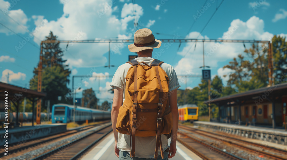 Young backpacker walking on train station platform with train arriving on sunny summer day Young backpacker walking on train station platform with train arriving on sunny summer day
