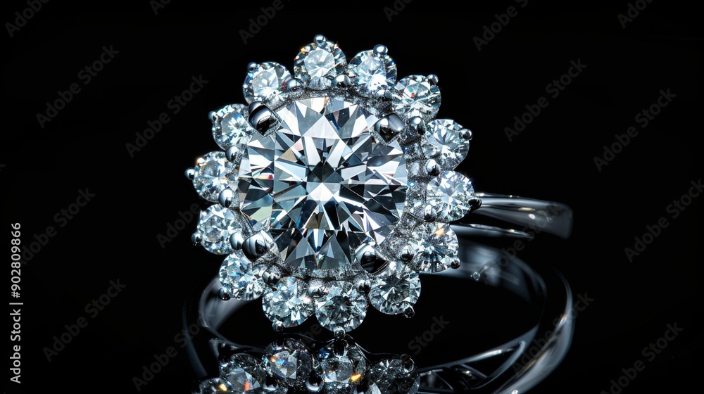 Fototapeta premium Diamond Engagement Ring on Black Background.