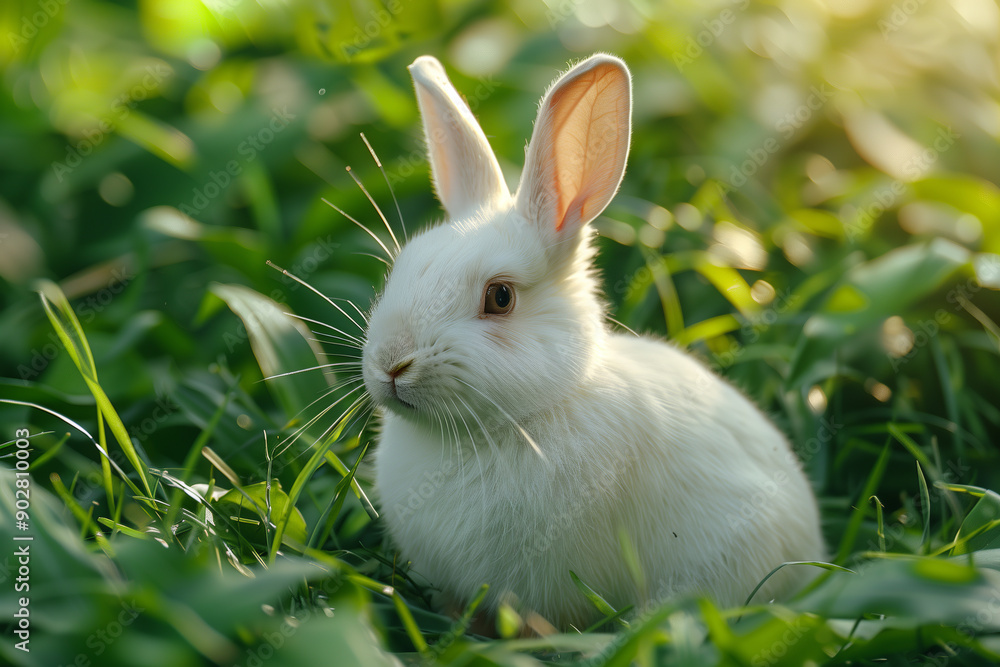 Cute white rabbit on green grass in nature. Cute white rabbit on green grass in nature.