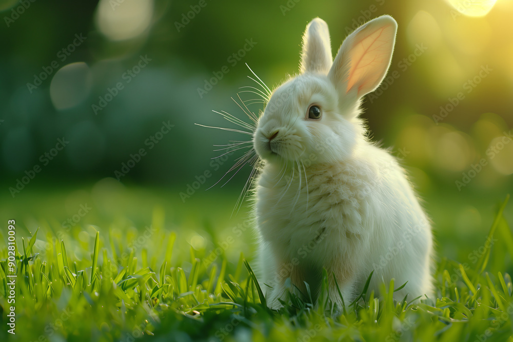 Cute white rabbit on green grass in nature. Cute white rabbit on green grass in nature.