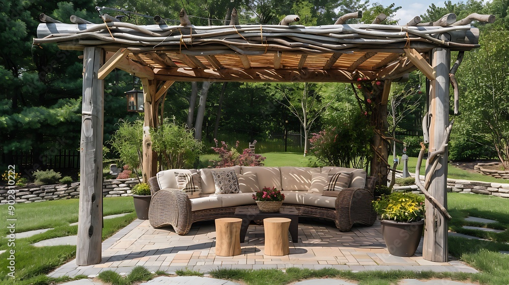 Garden arbour with rustic beige decoration outdoor design wicker furniture outside in boho pergola modern home backyard Garden arbour with rustic beige decoration outdoor design wicker furniture outside in boho pergola modern home backyard