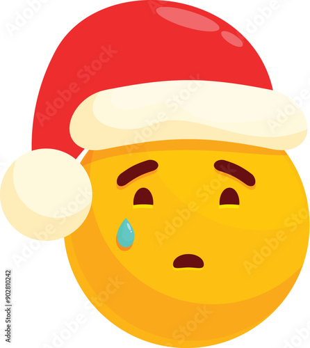 Yellow emoji expressing sadness while wearing a christmas hat