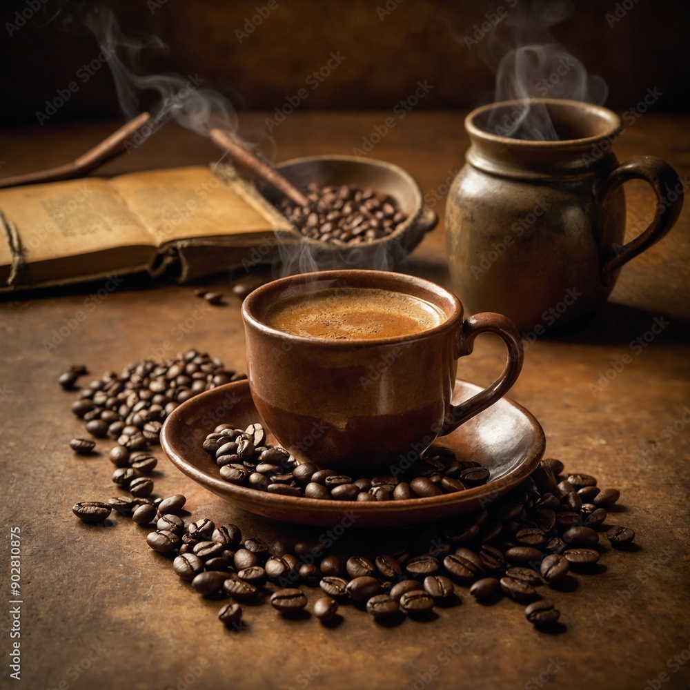 Steaming cup of coffee sits on saucer surrounded by scattered coffee beans, with more beans in bowl beside it. An open book, rustic mug emit steam, suggesting warmth. Setting evokes cozy. Steaming cup of coffee sits on saucer surrounded by scattered coffee beans, with more beans in bowl beside it. An open book, rustic mug emit steam, suggesting warmth. Setting evokes cozy.