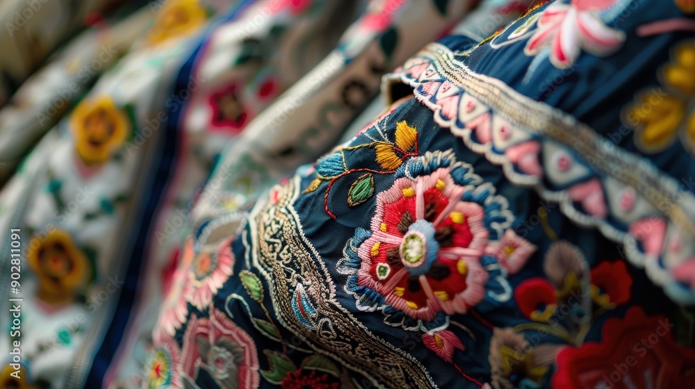 Intricate floral patterns decorate a beautifully crafted Slavic shirt, showcasing vibrant colors and fine stitching techniques Intricate floral patterns decorate a beautifully crafted Slavic shirt, showcasing vibrant colors and fine stitching techniques