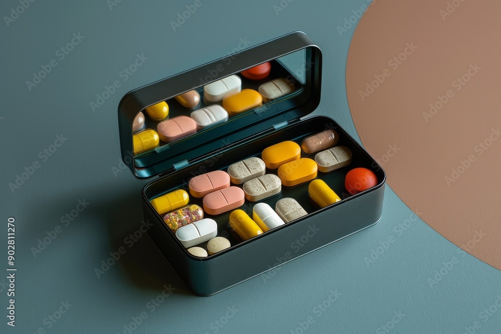 Variety of vitamins, pills and supplements presented in an open metal container. Health care Variety of vitamins, pills and supplements presented in an open metal container. Health care