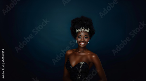 Beautiful smiling black skin princess wearing tiara, earrings, necklace isolated on dark navy background with copy space.