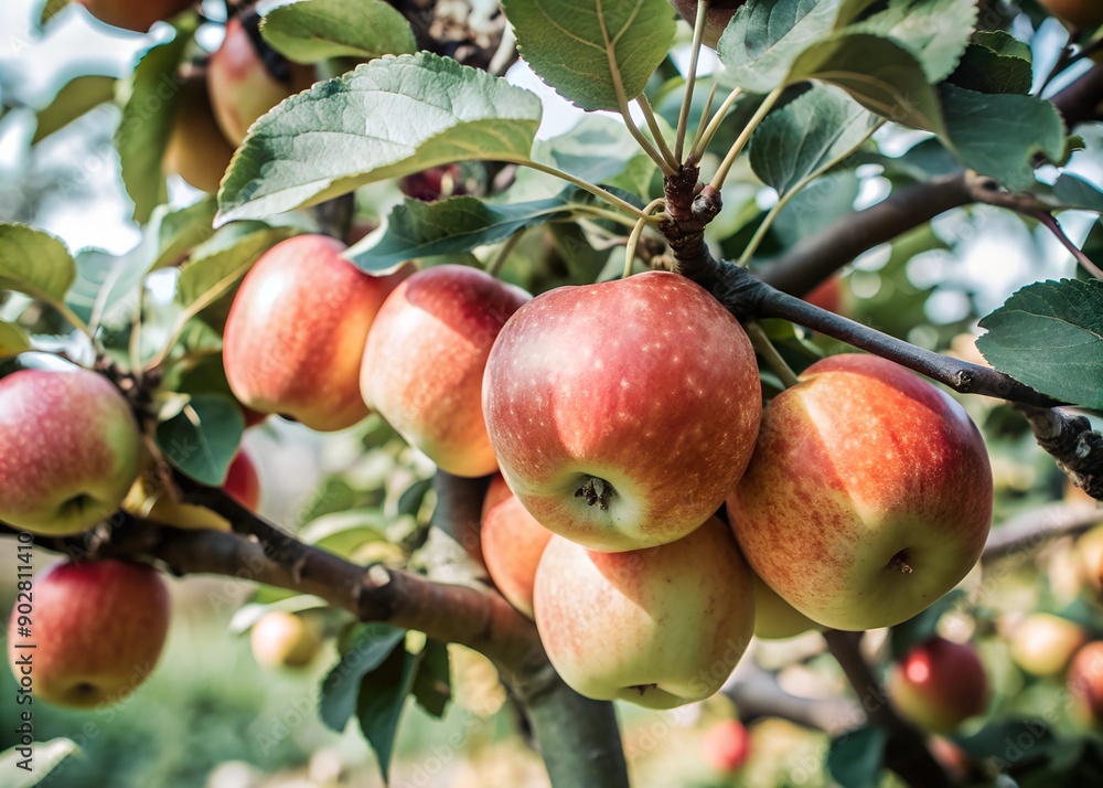 Close up of branch of ripening apples hanging on tree in orchard garden Close up of branch of ripening apples hanging on tree in orchard garden