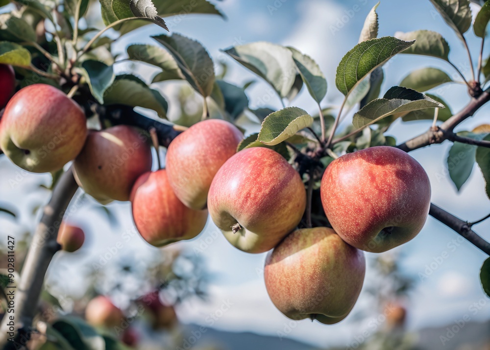 Close up of branch of ripening apples hanging on tree in orchard garden