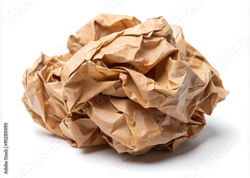 Crumpled paper isolated on white background. Worn brown paper