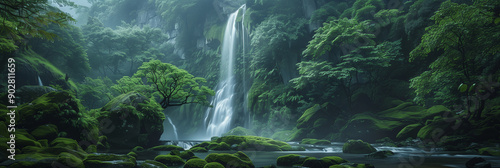 natural landscape There is a waterfall flowing down from the mountain in the green forest. © S photographer