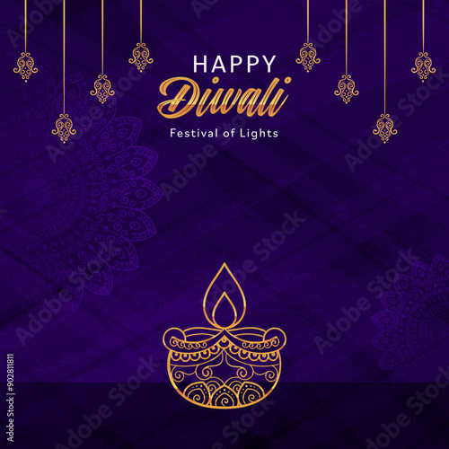 Indian festival Happy Diwali with Diwali gold diya lamps, holiday Background with Copy Space, Diwali celebration greeting card, vector illustration design photo