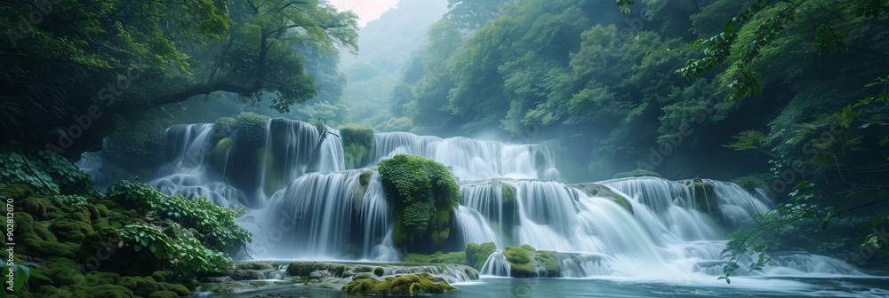 Fototapeta premium natural landscape There is a waterfall flowing down from the mountain in the green forest.