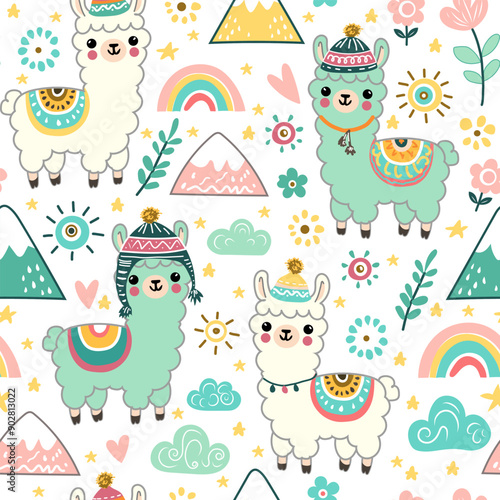 Seamless pattern with llama, rainbow and hand drawn elements. Creative childish texture. Great for fabric, textile. Vector Illustration