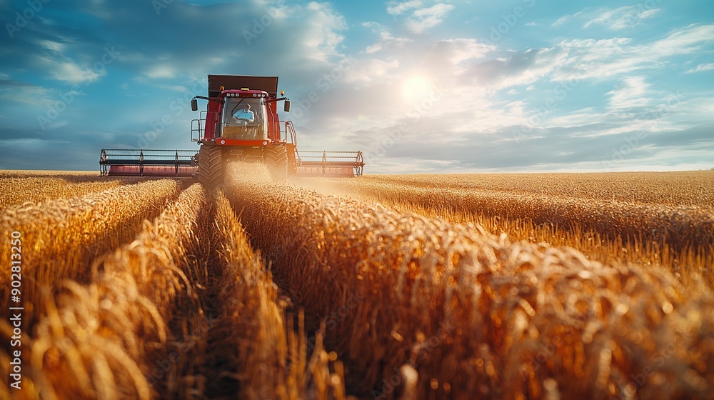 Fototapeta premium Modern agricultural machinery working on a vast field, harvesting crops