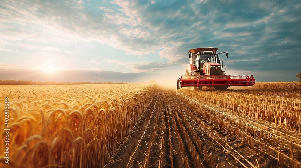 Modern agricultural machinery working on a vast field, harvesting crops Modern agricultural machinery working on a vast field, harvesting crops