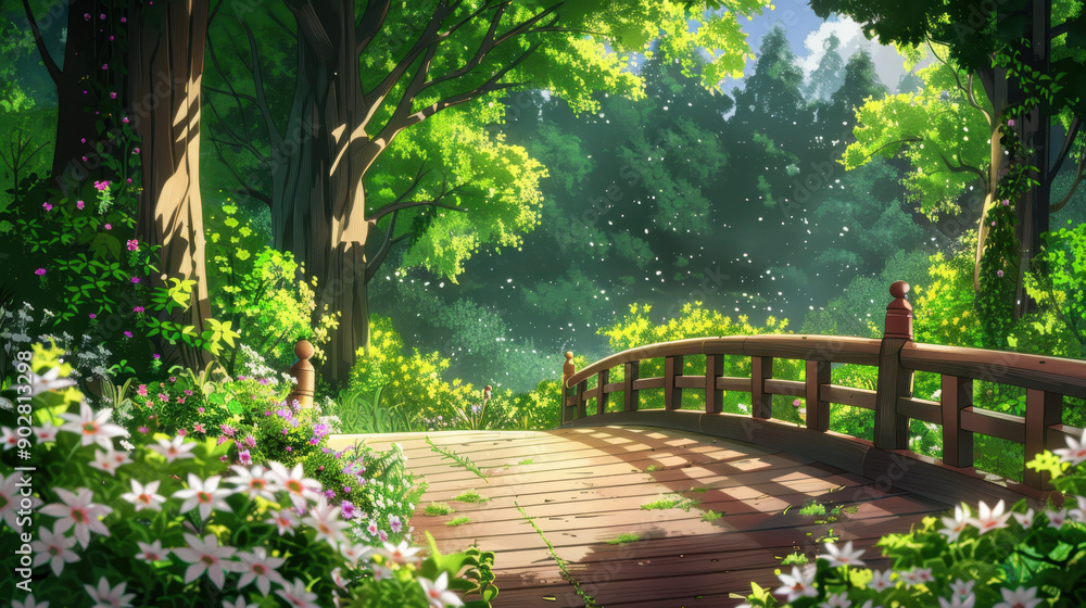 Tranquil garden bridge surrounded by lush greenery and colorful flowers, illuminated by soft sunlight filtering through the trees Tranquil garden bridge surrounded by lush greenery and colorful flowers, illuminated by soft sunlight filtering through the trees