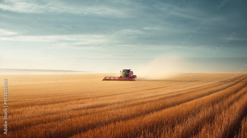 Modern agricultural machinery working on a vast field, harvesting crops Modern agricultural machinery working on a vast field, harvesting crops