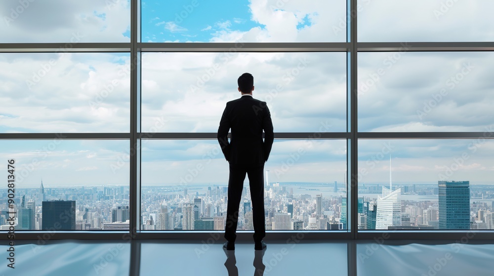 Fototapeta premium Businessman Contemplating Success with Cityscape View through Office Window