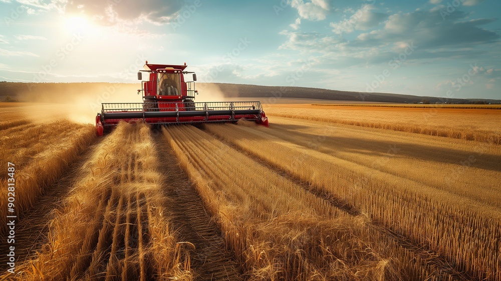 Modern agricultural machinery working on a vast field, harvesting crops Modern agricultural machinery working on a vast field, harvesting crops
