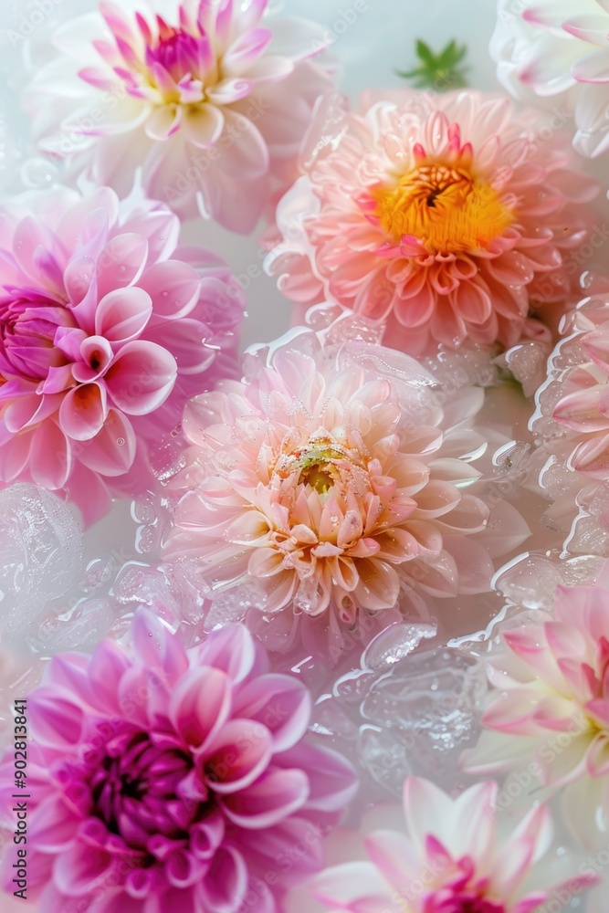 A decorative arrangement of flowers floating in a clear glass water bowl, perfect for interior design or still life photography A decorative arrangement of flowers floating in a clear glass water bowl, perfect for interior design or still life photography