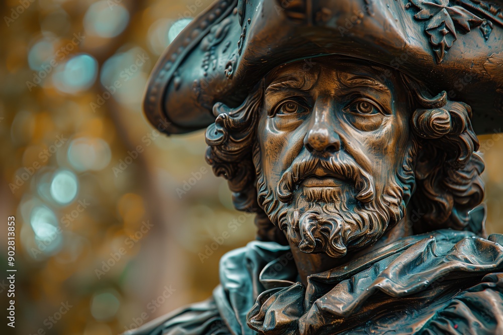 Fototapeta premium Statue of a Historical Figure With Elaborate Hat Surrounded by Lush Greenery in Late Afternoon Light