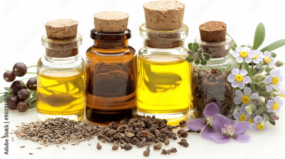 evening primrose oil, borage oil on white background, anti-aging ingredients, still life evening primrose oil, borage oil on white background, anti-aging ingredients, still life