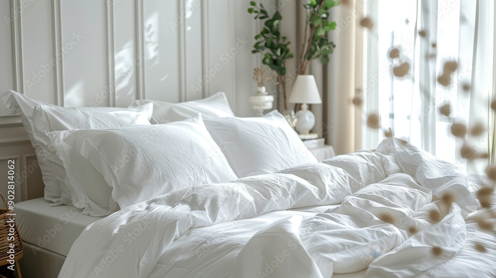 A white bed with white pillows and a white comforter. The bed is unmade and the pillows are piled on top of each other A white bed with white pillows and a white comforter. The bed is unmade and the pillows are piled on top of each other