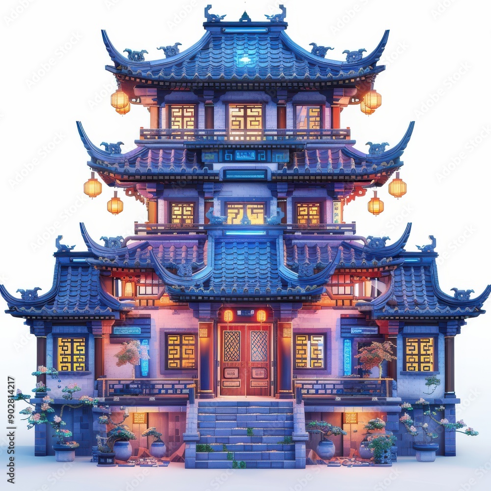Fototapeta premium Traditional Asian Architecture With Lanterns Illuminated at Dusk in a Serene Setting