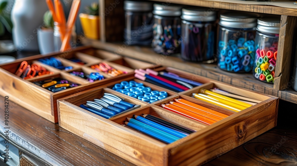 A wooden drawer with multiple compartments containing various colorful pens, pencils, and paperclips. A wooden drawer with multiple compartments containing various colorful pens, pencils, and paperclips.